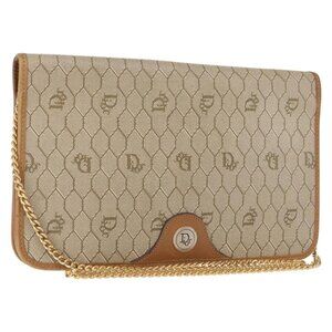 Authentic Christian Dior Honeycomb Canvas Chain Shoulder Bag PVC Beige Gold